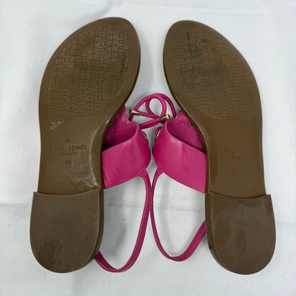 Kate Spade Womens Pink T-Strap Leather Sandals Bow Accent Gold Hardware Size 9 - Picture 5 of 7